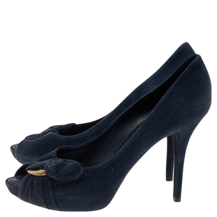 Pre Owned Louis Vuitton Navy Blue Suede Catania Peep Toe Platform Pumps Size 40