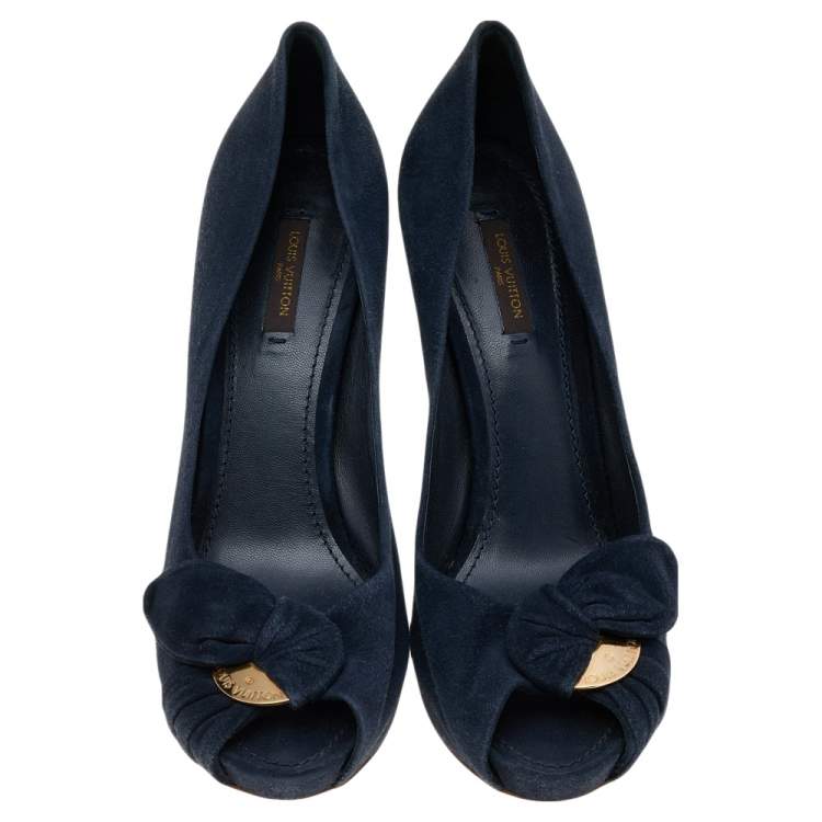 Pre Owned Louis Vuitton Navy Blue Suede Catania Peep Toe Platform Pumps Size 40