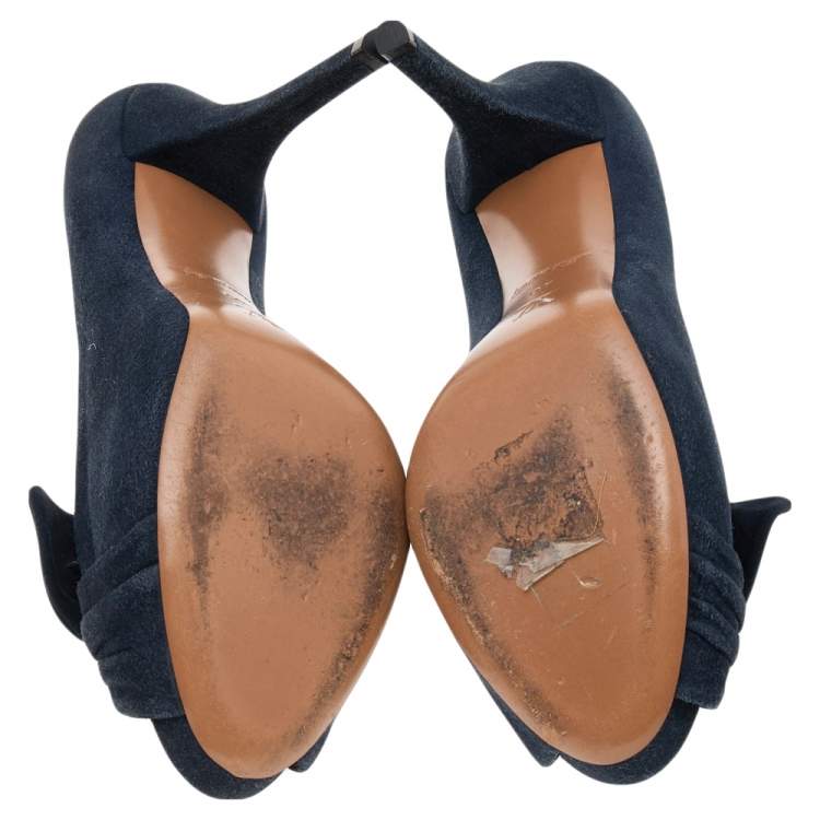 Pre Owned Louis Vuitton Navy Blue Suede Catania Peep Toe Platform Pumps Size 40