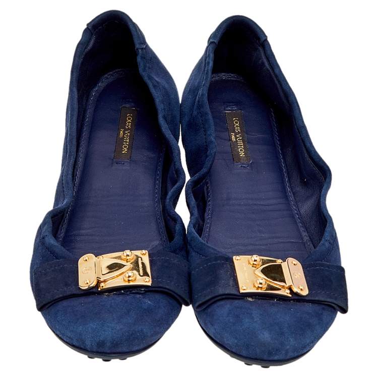 Pre Owned Louis Vuitton Navy Blue Suede Scrunch Ballet Flats Size 38.5