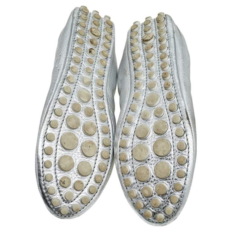 Pre Owned Louis Vuitton Silver Leather Bow Ballerina Flats Size 39.5
