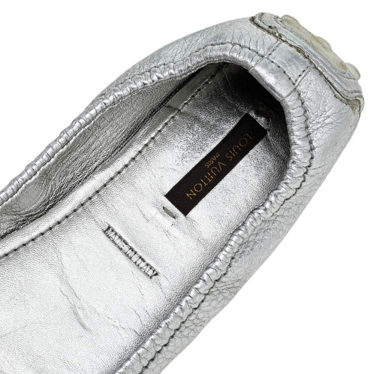 Pre Owned Louis Vuitton Silver Leather Bow Ballerina Flats Size 39.5