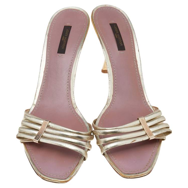 Pre Owned Louis Vuitton Gold Leather Open Toe Slide Sandals Size 40