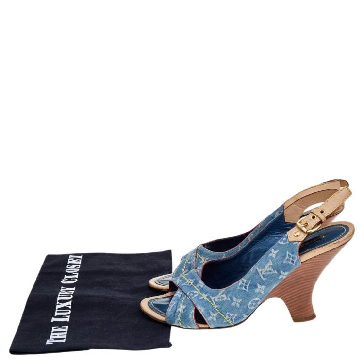 Pre Owned Louis Vuitton Blue Monogram Denim and Leather Slingback Sandals Size 38.5