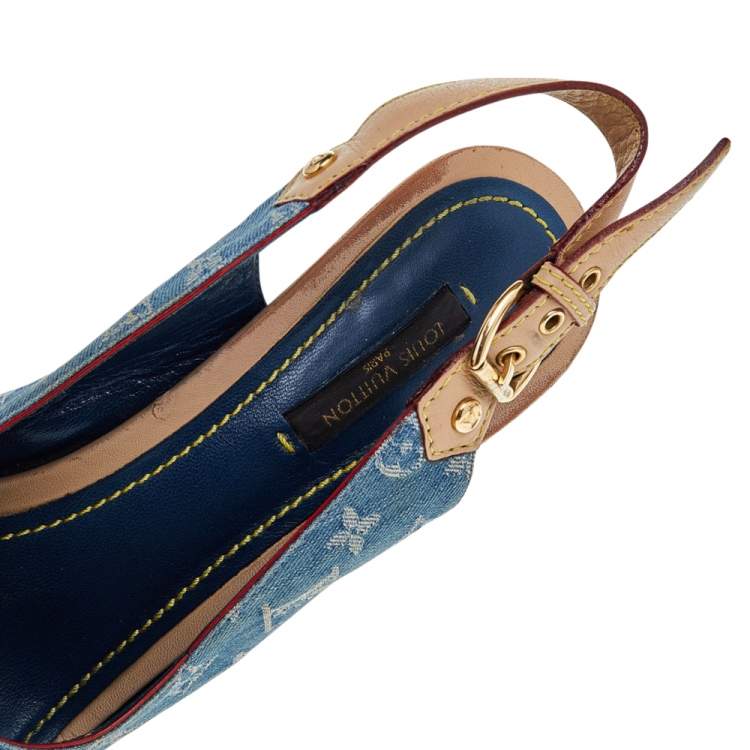 Pre Owned Louis Vuitton Blue Monogram Denim and Leather Slingback Sandals Size 38.5