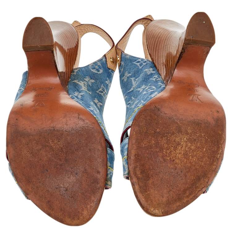 Pre Owned Louis Vuitton Blue Monogram Denim and Leather Slingback Sandals Size 38.5