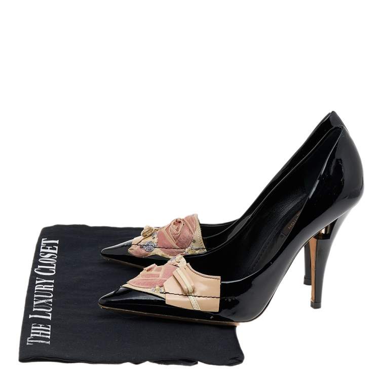 Pre Owned Louis Vuitton Beige/Black Canvas And Patent Leather Embellished Pumps Size 36.5
