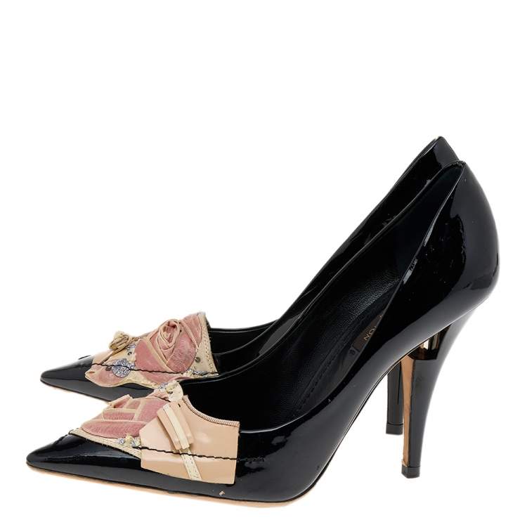 Pre Owned Louis Vuitton Beige/Black Canvas And Patent Leather Embellished Pumps Size 36.5