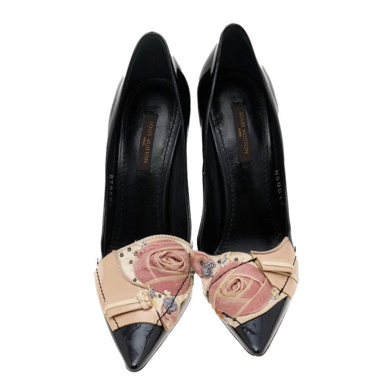 Pre Owned Louis Vuitton Beige/Black Canvas And Patent Leather Embellished Pumps Size 36.5