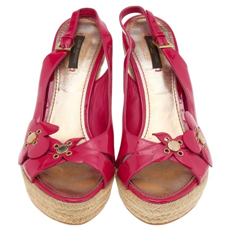 Pre Owned Louis Vuitton Pink Patent Leather Embellished Wedge Platform Slingback Sandals Size 39.5