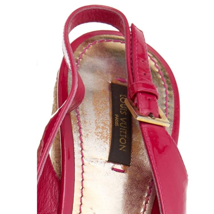 Pre Owned Louis Vuitton Pink Patent Leather Embellished Wedge Platform Slingback Sandals Size 39.5