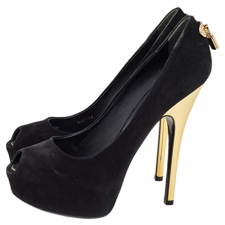 Pre Owned Louis Vuitton Black Suede Oh Really! Peep Toe Platform Pumps Size 38