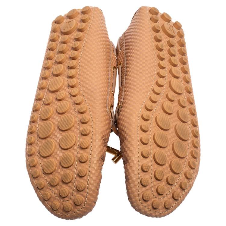 Pre Owned Louis Vuitton Nude Pink Petit Damier Embossed Leather Gloria Bow Loafers Size 39