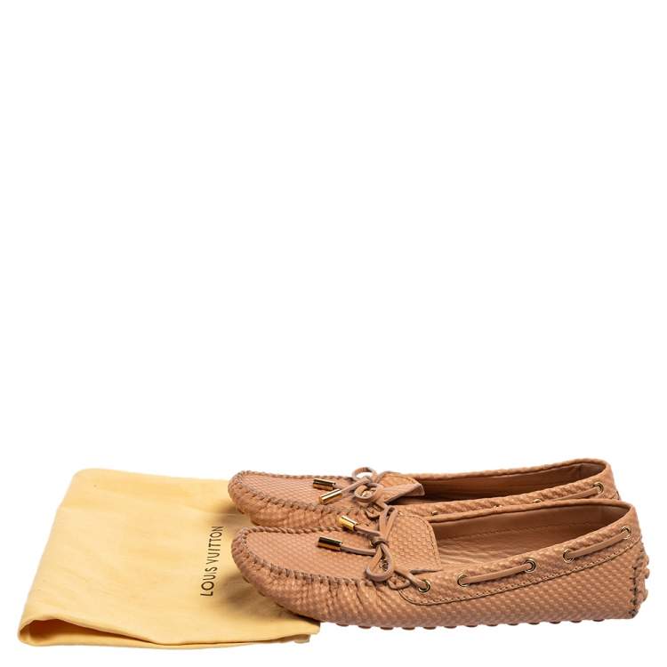 Pre Owned Louis Vuitton Nude Pink Petit Damier Embossed Leather Gloria Bow Loafers Size 39