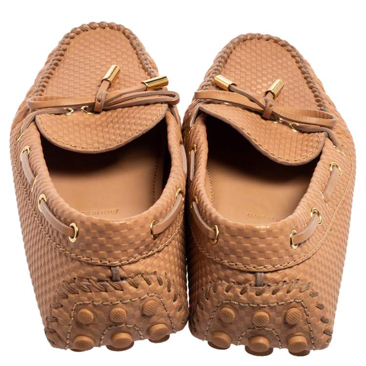 Pre Owned Louis Vuitton Nude Pink Petit Damier Embossed Leather Gloria Bow Loafers Size 39