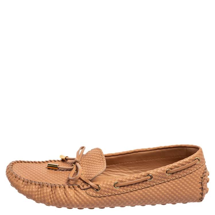 Pre Owned Louis Vuitton Nude Pink Petit Damier Embossed Leather Gloria Bow Loafers Size 39