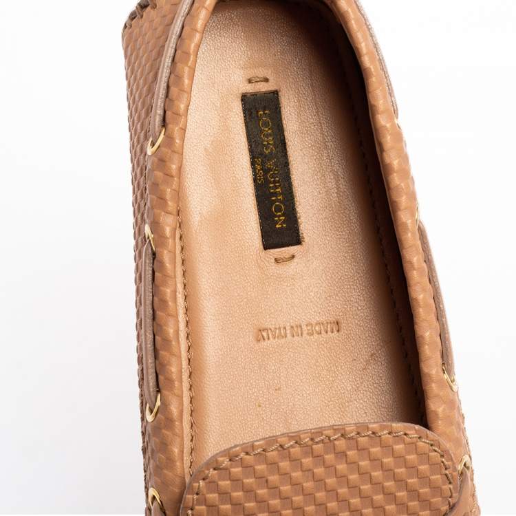 Pre Owned Louis Vuitton Nude Pink Petit Damier Embossed Leather Gloria Bow Loafers Size 39
