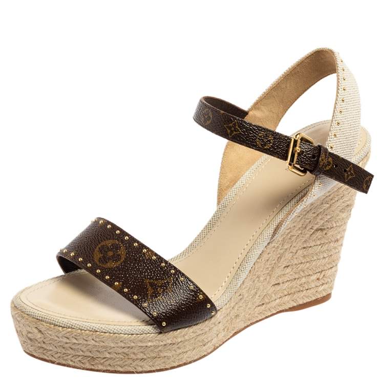 Louis Vuitton - Black & Beige Monogram Print Open Toe Wedges w