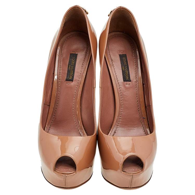 Pre Owned Louis Vuitton Dark Beige Patent Leather Oh Really! Peep Toe Platform Pumps Size 37.5