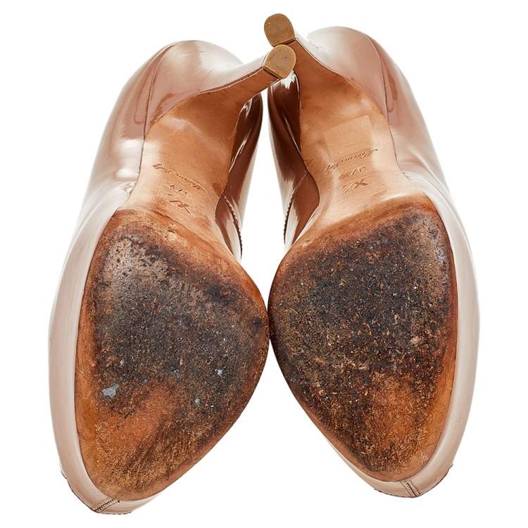 Pre Owned Louis Vuitton Dark Beige Patent Leather Oh Really! Peep Toe Platform Pumps Size 37.5