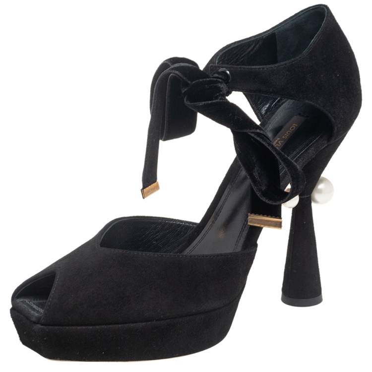 Louis Vuitton - Editorial, Black Suede Ankle Wrap Pumps with Pearl on –  LUXHAVE
