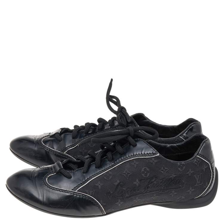 Pre Owned Louis Vuitton Black Leather and Monogram Canvas Low Top Sneakers Size 38