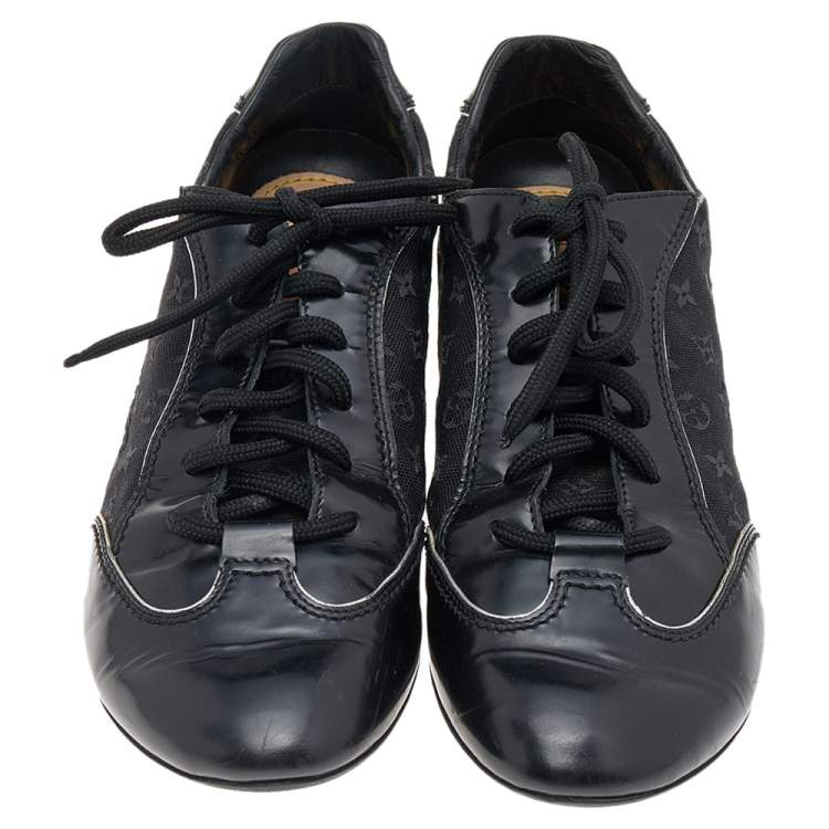 Pre Owned Louis Vuitton Black Leather and Monogram Canvas Low Top Sneakers Size 38