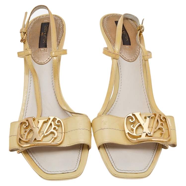 Pre Owned Louis Vuitton Yellow Patent Leather Logo Slingback Sandals Size 38