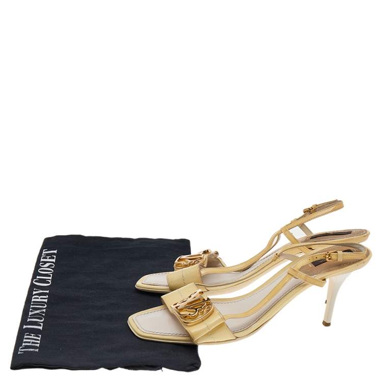 Pre Owned Louis Vuitton Yellow Patent Leather Logo Slingback Sandals Size 38