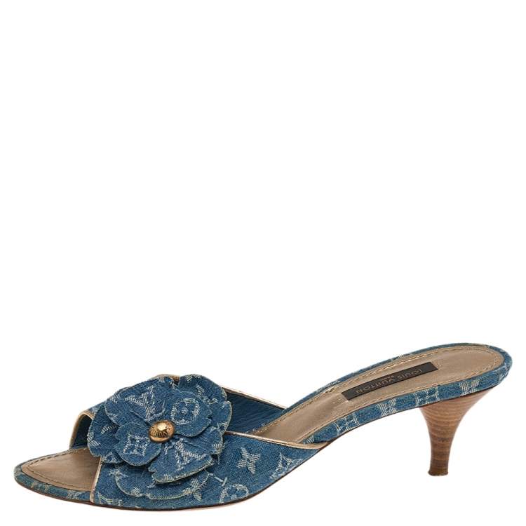 Louis Vuitton Blue Monogram Denim Flower Detail Slide Sandals Size