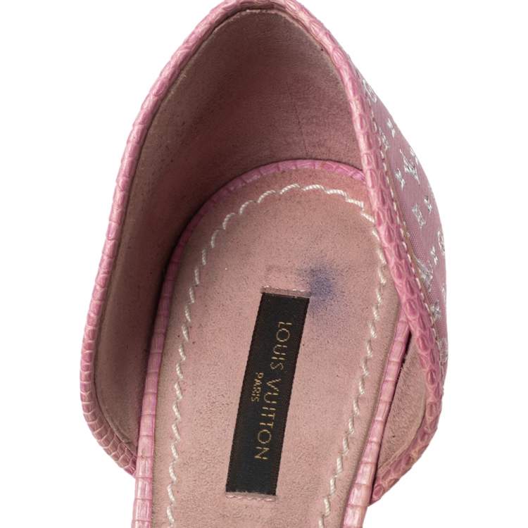 Pre Owned Louis Vuitton Pink Monogram Canvas And Lizard Embossed Leather Open Toe Pumps Size 41