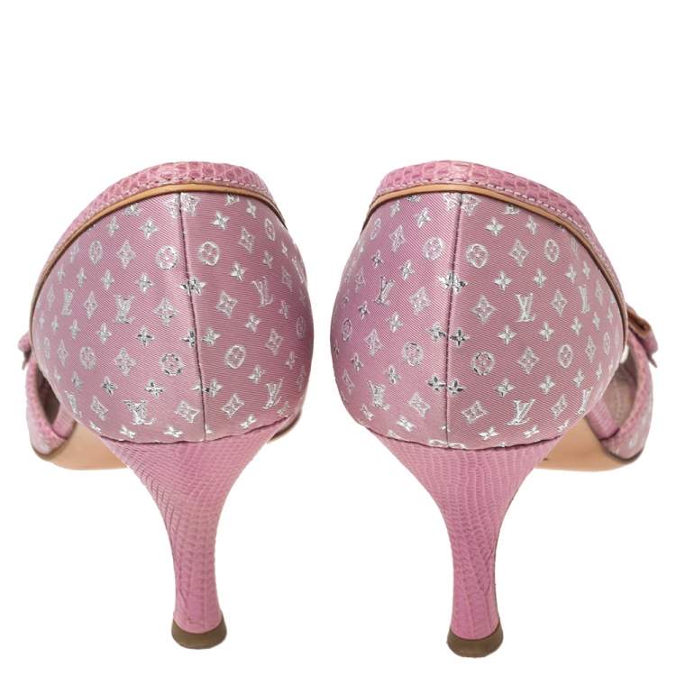 Pre Owned Louis Vuitton Pink Monogram Canvas And Lizard Embossed Leather Open Toe Pumps Size 41