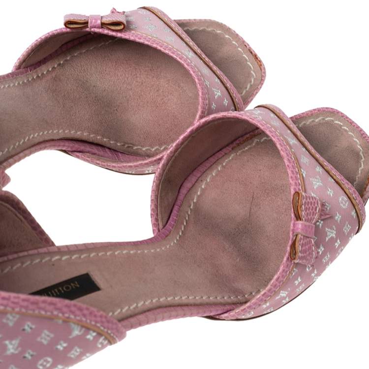 Pre Owned Louis Vuitton Pink Monogram Canvas And Lizard Embossed Leather Open Toe Pumps Size 41