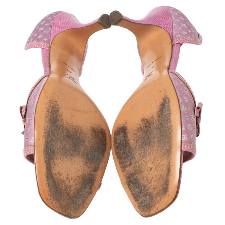 Pre Owned Louis Vuitton Pink Monogram Canvas And Lizard Embossed Leather Open Toe Pumps Size 41