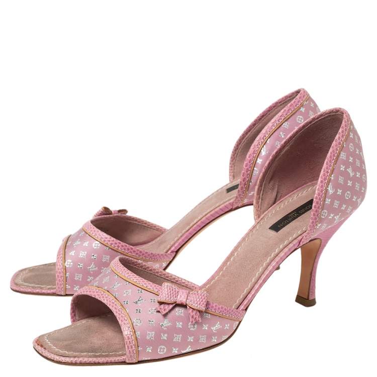 Pre Owned Louis Vuitton Pink Monogram Canvas And Lizard Embossed Leather Open Toe Pumps Size 41
