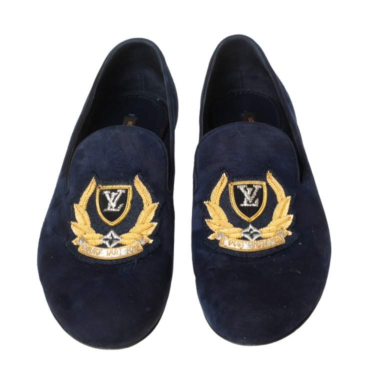 Pre Owned Louis Vuitton Blue Suede Embroidered Smoking Slippers Size 40 