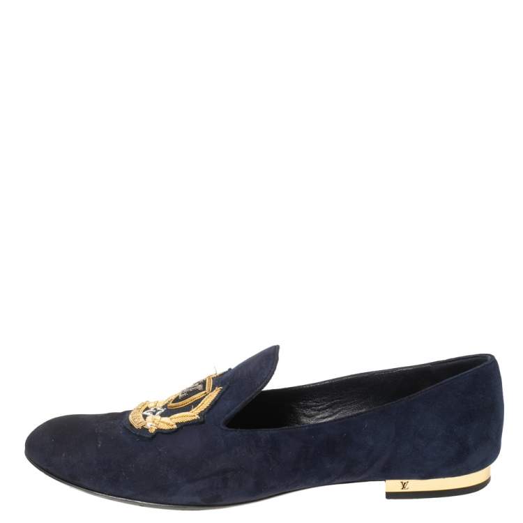 Pre Owned Louis Vuitton Blue Suede Embroidered Smoking Slippers Size 40 