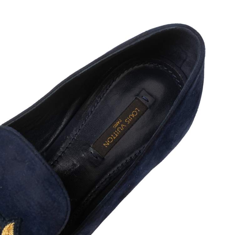 Pre Owned Louis Vuitton Blue Suede Embroidered Smoking Slippers Size 40 