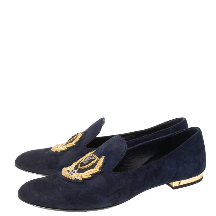 Pre Owned Louis Vuitton Blue Suede Embroidered Smoking Slippers Size 40 