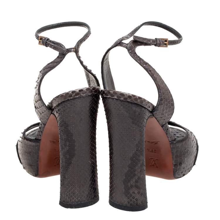 Pre Owned Louis Vuitton Black Python Leather Ankle-Strap Sandals Size 39.5
