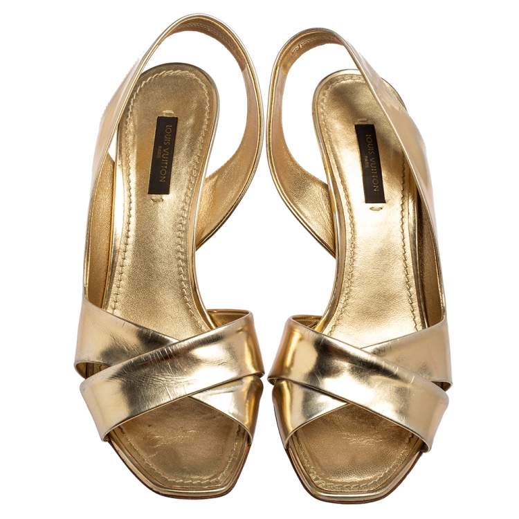 Pre Owned Louis Vuitton Gold Leather Barbara Criss Cross Slingback Sandals Size 37.5