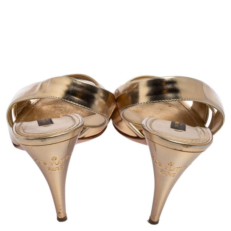 Pre Owned Louis Vuitton Gold Leather Barbara Criss Cross Slingback Sandals Size 37.5