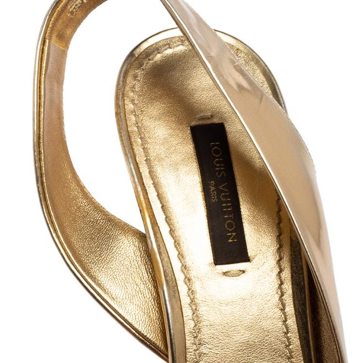 Pre Owned Louis Vuitton Gold Leather Barbara Criss Cross Slingback Sandals Size 37.5