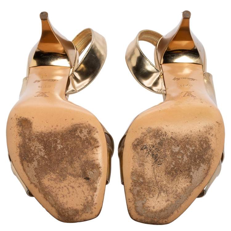 Pre Owned Louis Vuitton Gold Leather Barbara Criss Cross Slingback Sandals Size 37.5