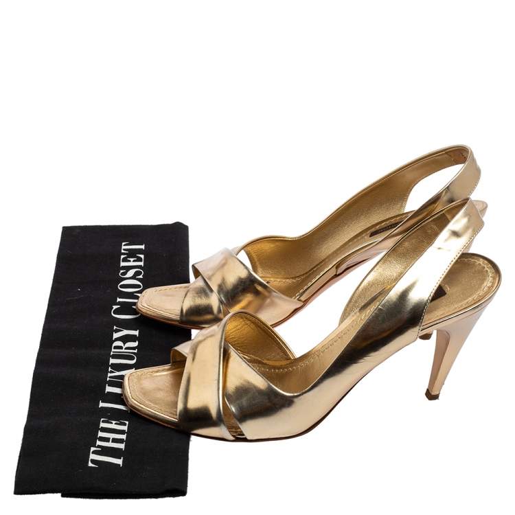 Pre Owned Louis Vuitton Gold Leather Barbara Criss Cross Slingback Sandals Size 37.5