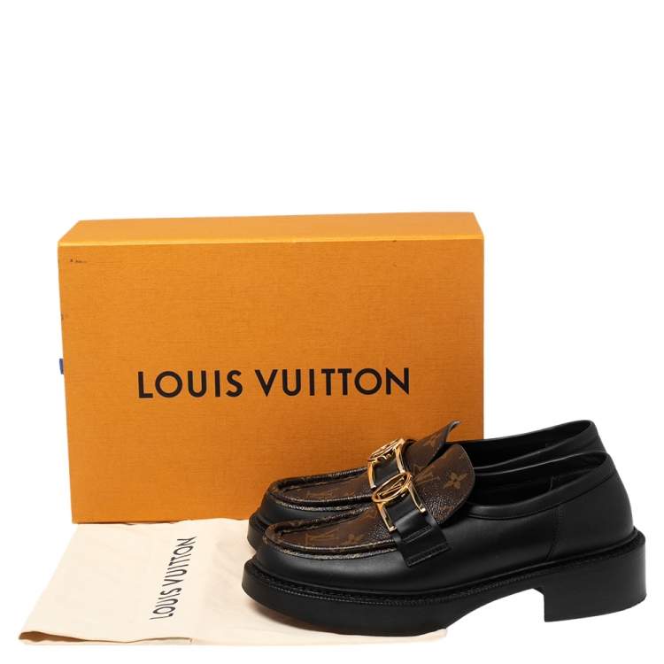 Pre Owned Louis Vuitton Black Leather and Monogram Canvas Academy Loafers Size 38.5