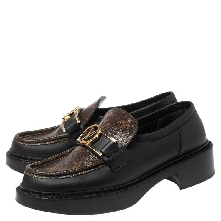 Pre Owned Louis Vuitton Black Leather and Monogram Canvas Academy Loafers Size 38.5