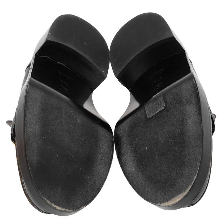 Pre Owned Louis Vuitton Black Leather and Monogram Canvas Academy Loafers Size 38.5