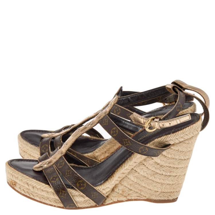 Pre Owned Louis Vuitton Monogram Canvas and Leather Wedge Ankle Strap Sandals Size 37
