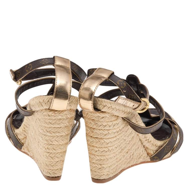 Pre Owned Louis Vuitton Monogram Canvas and Leather Wedge Ankle Strap Sandals Size 37